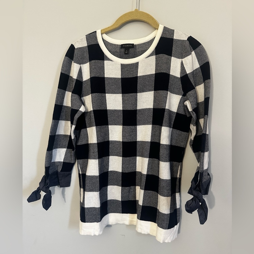 Talbots Gingham Sweater with Tie Sleeve